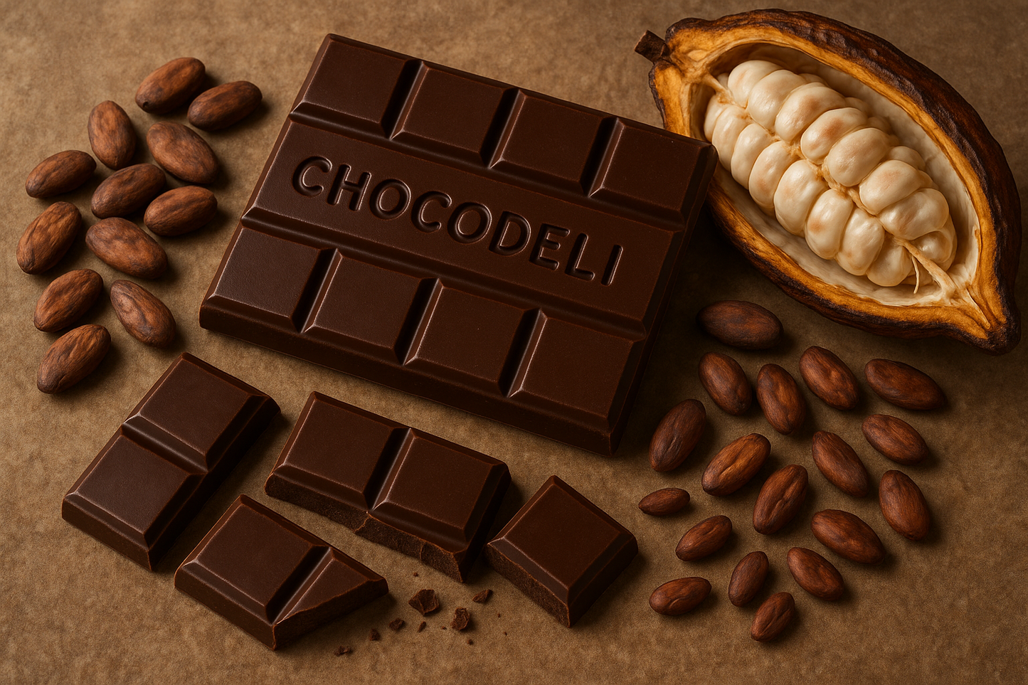 genrame una barra de chocolte sinempaquetadura con onos trosos separado debajo pepas de cacao y el fruto partido con semillas esparcidas yb en la barra de chcolate que diga chocodeli